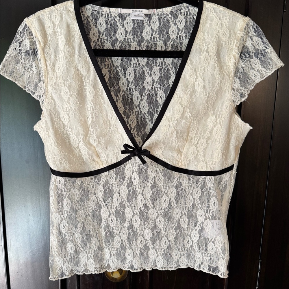 Cream Lace Top with Black Velvet Trim